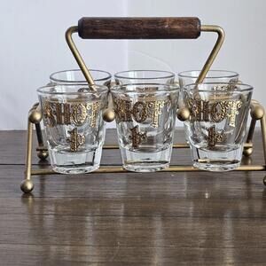 Mid Century Culver 24k Gold Accent 1 Cent Shot Glasses w Caddy Carrier Vintange
